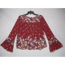 Jolt BOHO Sheer Red Bohemian Bell Sleeve Floral Print Blouse Womens Size Medium