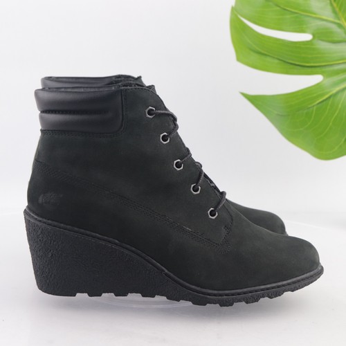 Timberland Women's Amston Boots Size 9 Wedge Heel Black Nubuck Lace Up Bootie - Picture 5 of 12