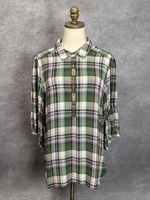 Pilcro Anthropology Plaid Henley Top Size L Green Lavender Gauze Seesucker