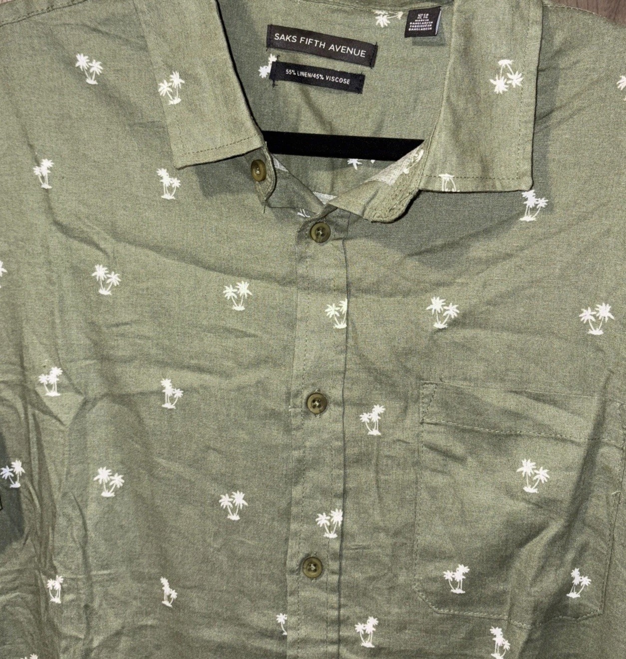 Saks Fifth Avenue Shirt Mens XL linen blend Button Up Lightweight Green NWT