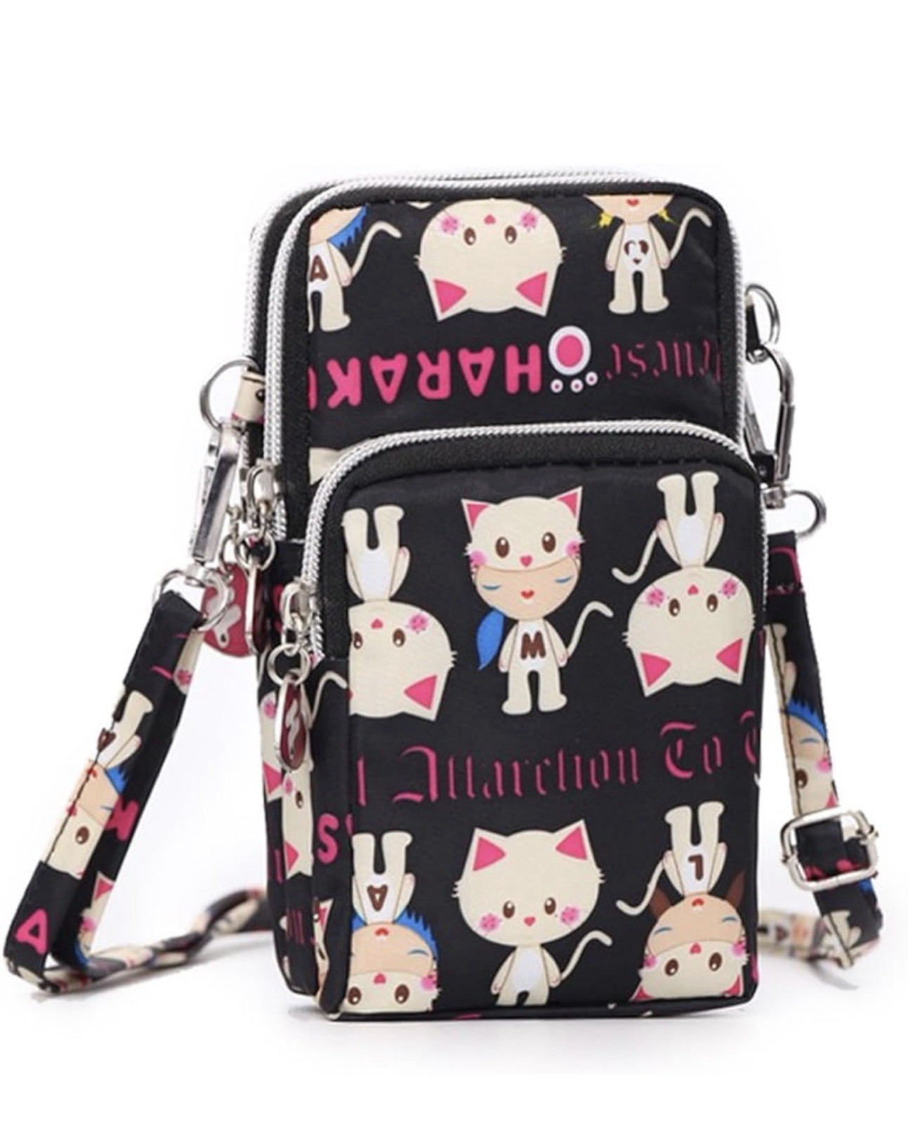 HARAJUKA LOVERS Mini Crossbody Purse w/ Cell Phone Pocket 3-zip Pockets & Charms