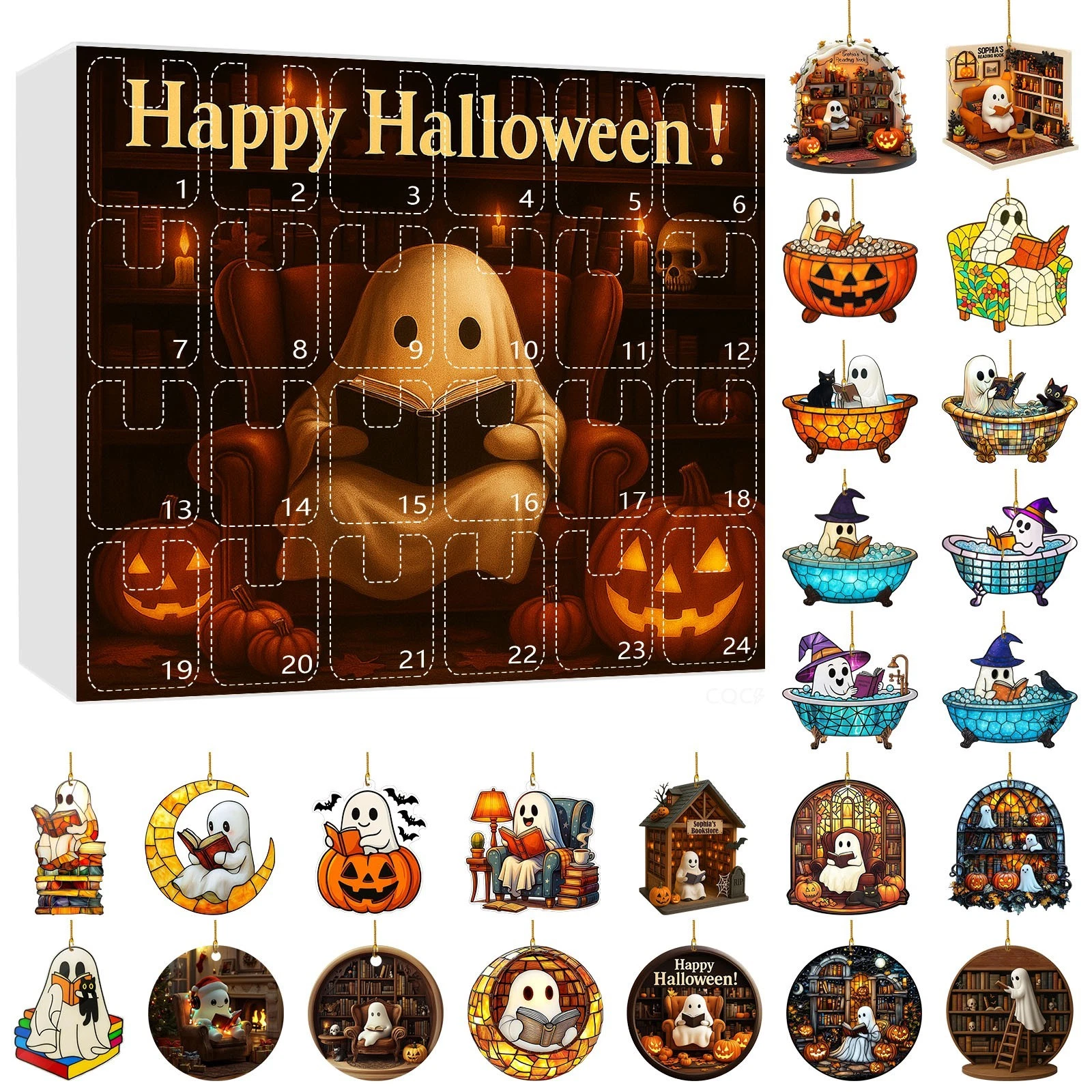 Halloween Advent Calendar 2025, Christmas Tree 2D Ghost Reading Ornaments Decor