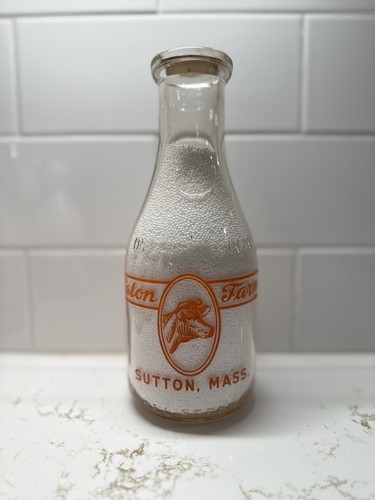 Quart Pyro Eaton Farm Dairy Sutton Massachusetts Ma Milk Bottle W Cow