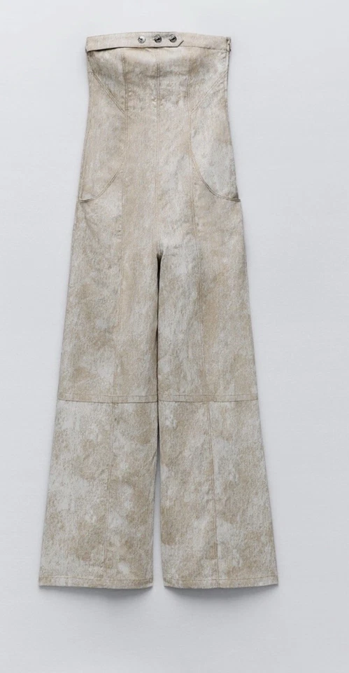 Mono sin tirantes para mujer Zara talla mediana, beige neutro, pierna ancha Foto 2 de 4