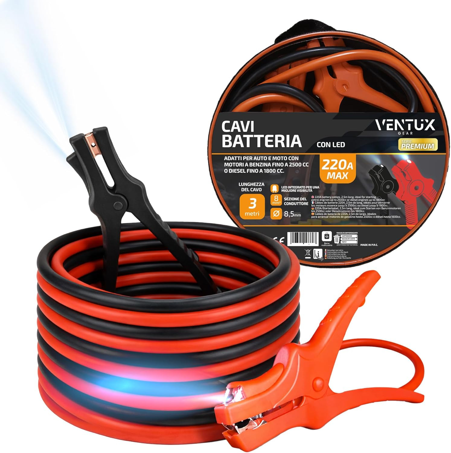 Cavi Batteria 220A Con LED – 3 M | per Auto E Moto Benzina Fino a 2500Cc E Diese