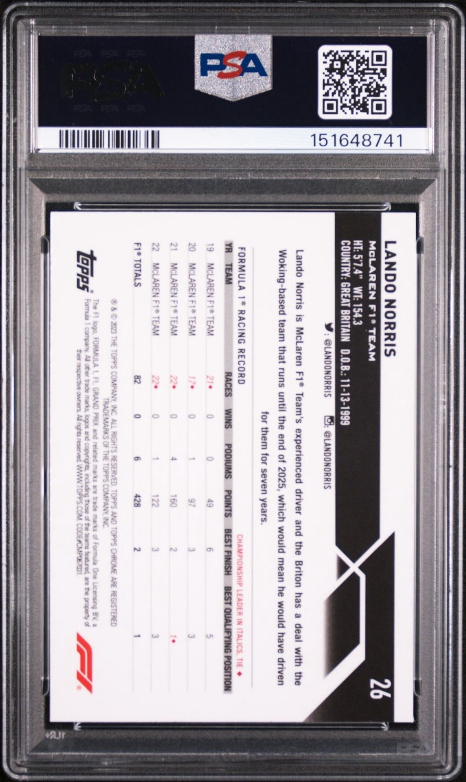 2023 Topps Chrome Formula 1 #26 Lando Norris Gold Refractor /50 PSA 10 view 2