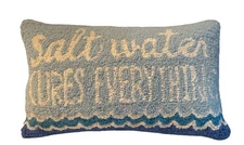 Beach Core Wool Hooked Lumbar Pillow "Salt Water Cures Everything" Peking 12x22