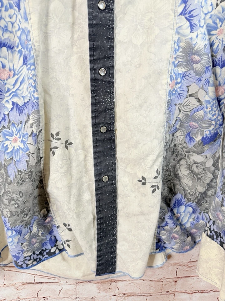 Vintage Larry Mahan Western Shirt Mens Pearl Snap 70s Floral Multi-Panel Blue M - Image 3 of 4