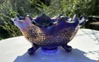 Antique Footed Fenton Blue Purple Carnival Glass Orange Tree Fruit Bowl 10" Dia