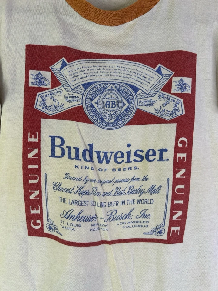 Camiseta vintage años 70 para mujer pequeña Budweiser angustiada timbre bebé Foto 3 de 4