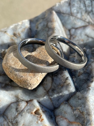 Sandblasted Wedding Band Set, Affordable Rings, His and Hers Matching, Promise - Picture 2 of 5