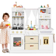 JOYLDIAS Wooden Kids Cooking Pretend Kitchen Toy Playset Boy Girl Gift w/Curtain
