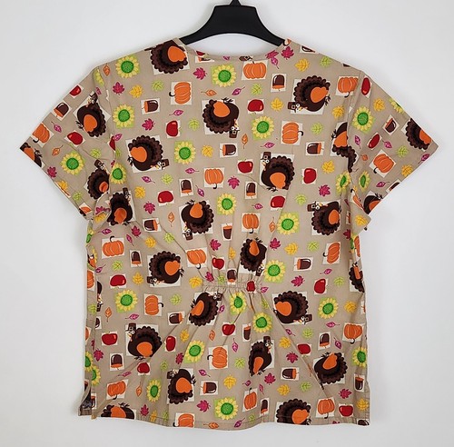 SB Scrubs Top Thanksgiving Turkey Size L Short Sleeve Pullover Lt Brown Fall - Picture 4 of 9
