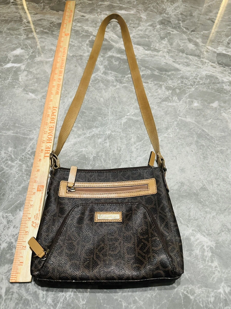 Calvin Klein Monogram Signature Zip Crossbody Bag Brown Lightweight Organizer