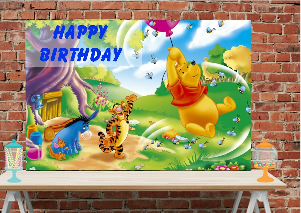 Bannière D'anniversaire Winnie L'Ourson 3x6 Pieds Vinyle - Décoration Fête Enfant - Neuf Personnalisable