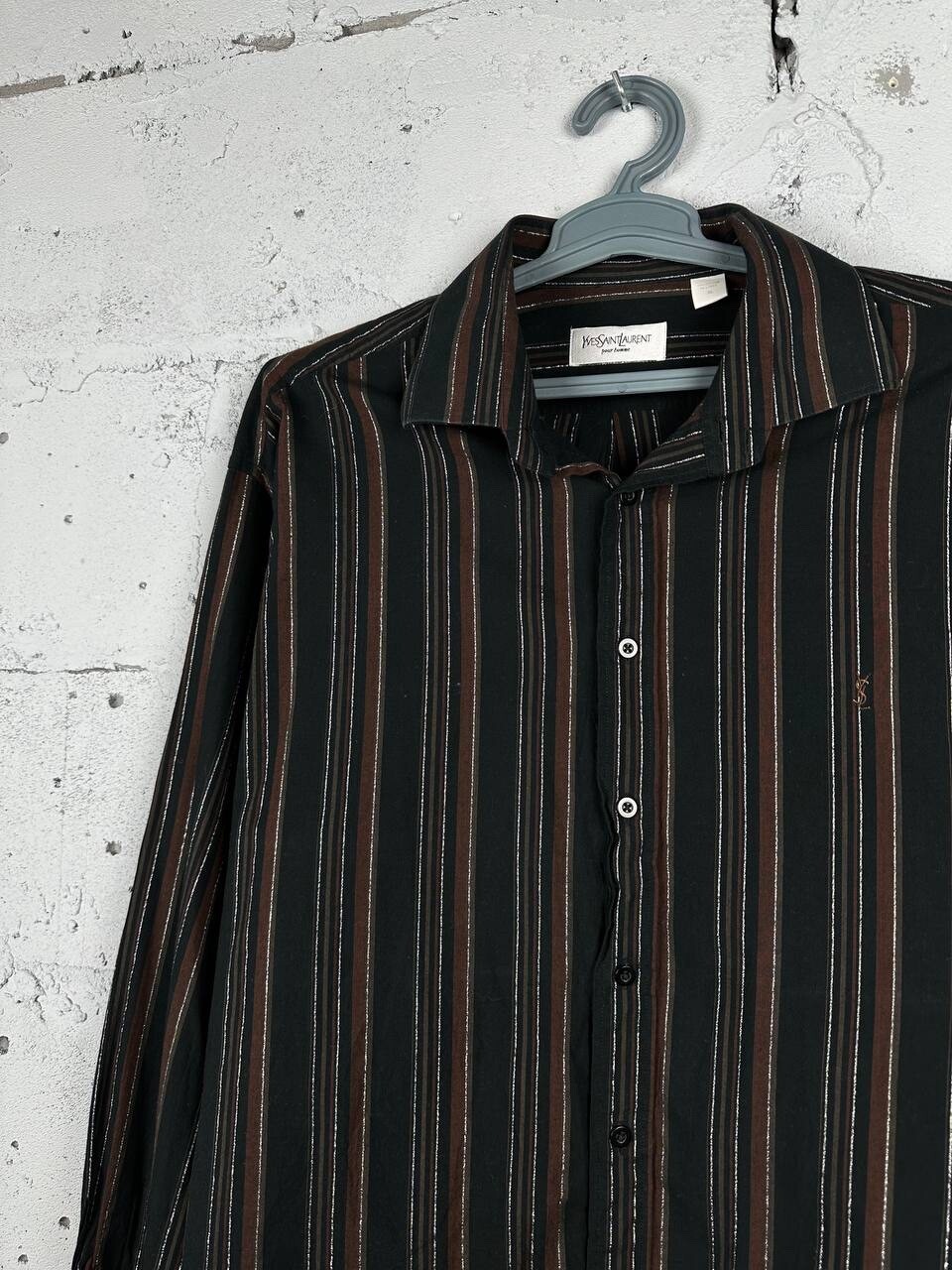 SAINT LAURENT Camicia YSL marrone a righe LS morbida con bottoni taglia XL