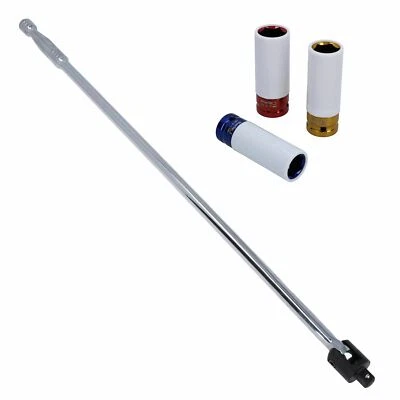 AB TOOLS 1/2" Drive Breaker Bar 30” Long + 3pc Alloy Wheel Nut Metric Sockets 17 19 21