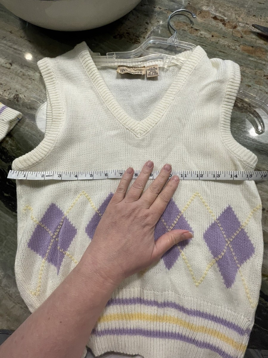 HABERDASHER Vintage cardigan and best set in ivory w/lavender and yellow argyle View 5