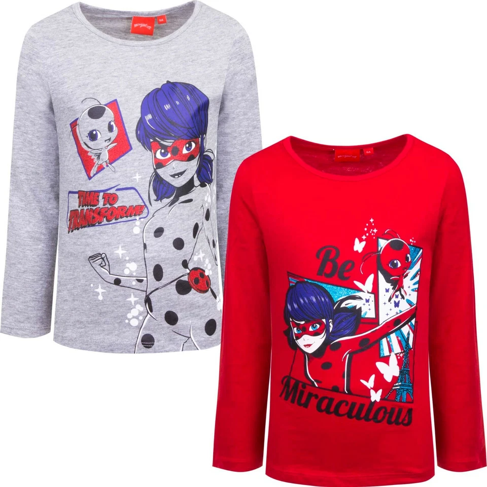 WUNDERBARER MARIENKÄFER Langarmshirt Mädchen Ladybug Miraculous 100%Baumwolle Grau/Rot Pullover HS1131