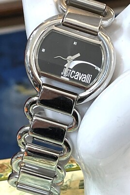 Just Cavalli Modern Oval Shape Silver Tone Band Water Resist Black Face Watch