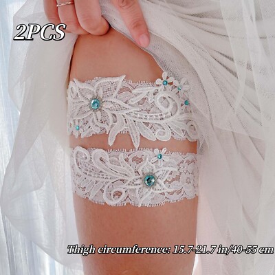 2x Elastic Wedding Garter Rhinestone Floral Embroidery Bride Garter Belt DIY  Set
