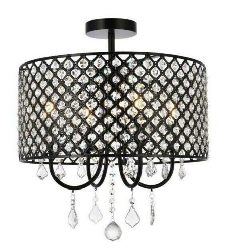 Semi Flush Mount Chandelier Black Bedroom Kitchen Hallway Crystal Light Fixture - Picture 2 of 9
