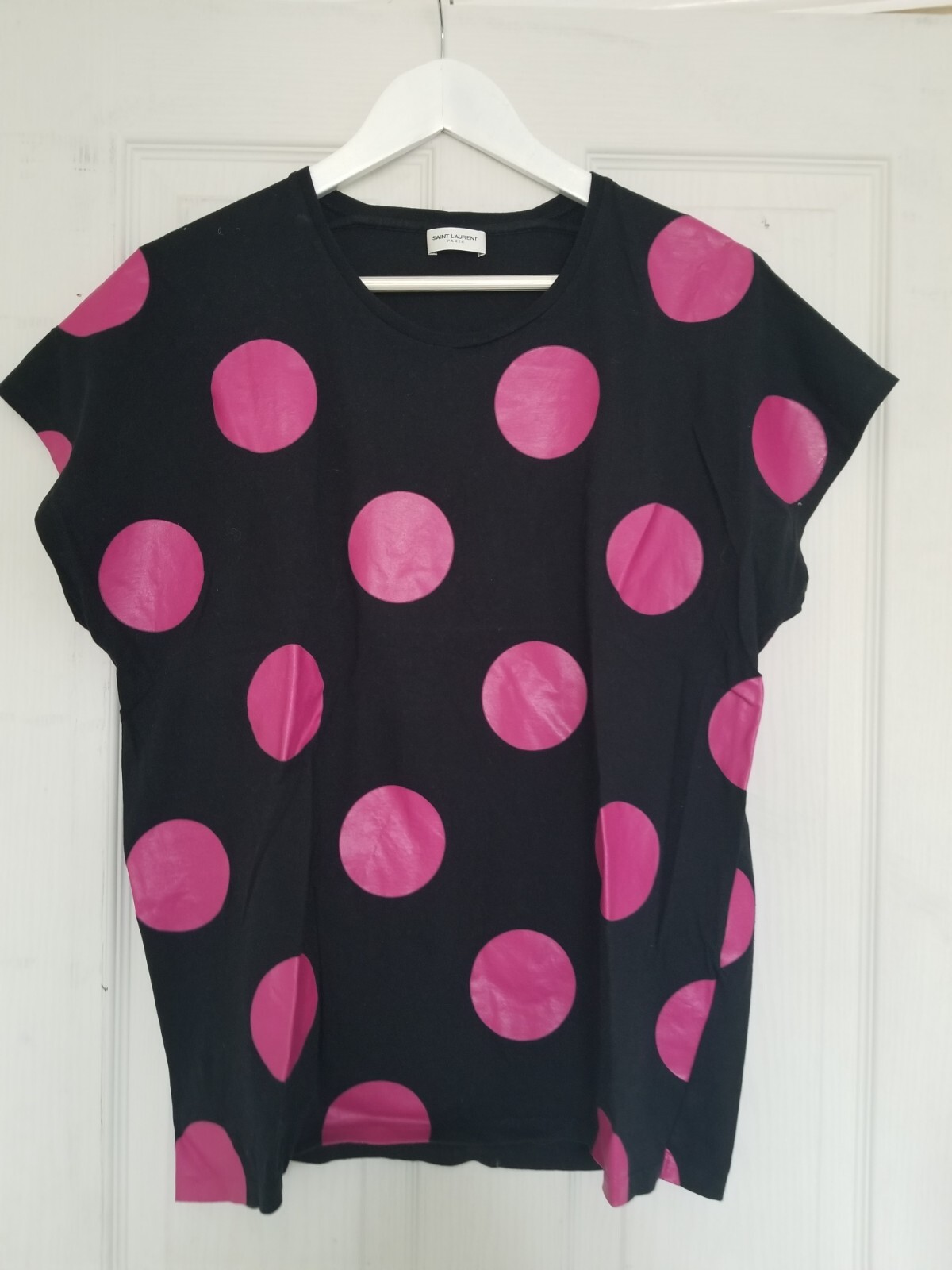 Camicetta maglietta Saint Laurent rosa fucsia discoteca a pois nera a pois M