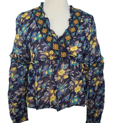 Anthropologie Meadow Rue Top Blue XS Strasser Floral Embroidered Sheer Blouse