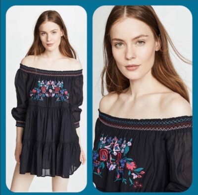Free People Sunbeam Embroidered Boho Black Off The Shoulder Mini Dress Sz Medium