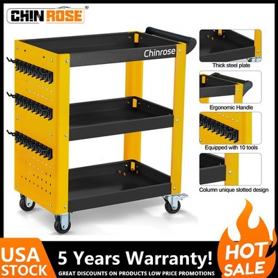 Chinrose 3-Tiers Rolling Tool Cart with Pegboard Hooks Wheels Metal Duty Utility