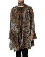Dolce & Gabbana Brown Leopard Print Scarf Collared Chiffon Women's Dress