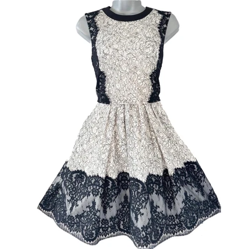 OFF WHITE Abito Karen Millen off bianco nero stile pizzo formale sopra il ginocchio linea A taglia 8