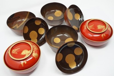 Japanische Holz Schüsseln Set x5 Original Meiji-Taisho Era aus Kyoto 0412C10
