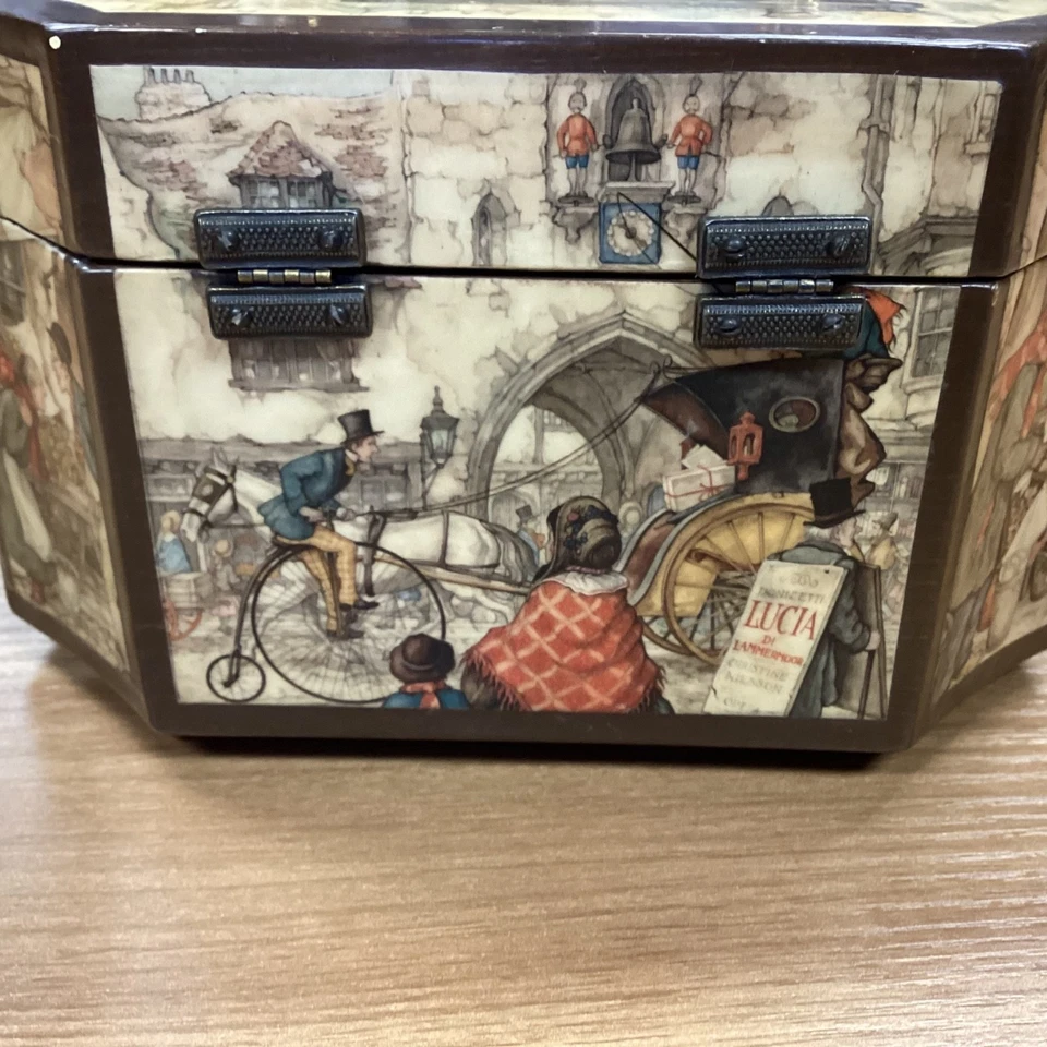 VTG Anton Pieck Scenic Decoupage Lucite Handle Wooden Hinged Purse Octagon - Image 4 of 4