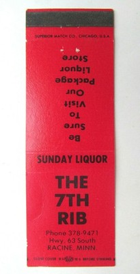 The 7th Rib - Racine, Minnesota Restaurant 20 Strike Matchbook Cover Matchcover