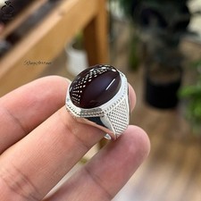 Red Aqeeq Ring 925 Silver Natural Yemeni Agate Ring Islamic Jewelry Men