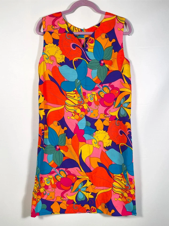 Vintage 60's/70's Bright Bold Psychedelic Floral Print Shift Dress Size M/L - Image 2 of 4