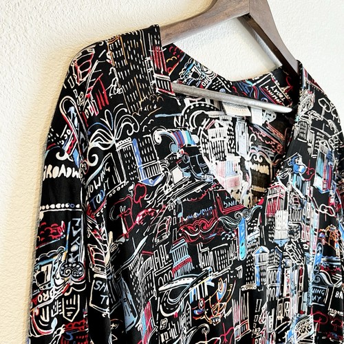 Chico’s Travelers 3 XL Top NYC Art Print Blouse Packable Stretch Black Red Blue - Picture 2 of 7