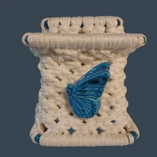 Macrame Tissue Box Cover White With Blue Ceramic Butterfly 
