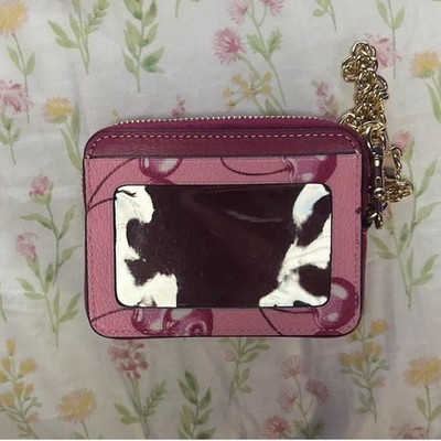 Coach Cherry Print Leather Pink Burgundy Key Chain Zippered ID