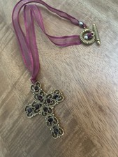 Dark Red Stone Cross with Gold Tone