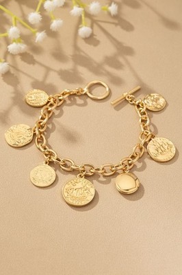 Vintage Style Chunky Chain Coin & Locket Charm Bracelet - 8'' Gold-Tone Toggle