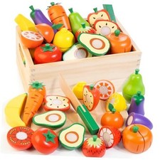 Wooden Play Food for Toddlers, Fruit and Veggies Cutting Set Fruits Veggies