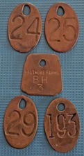 Lot of 5 Vintage Brass Double Sided Cattle /Cow Tags