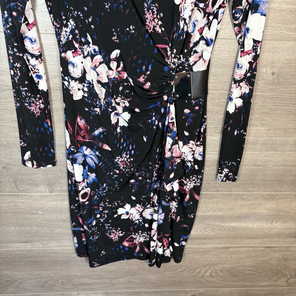 Vestido de mujer Jennifer Lopez talla pequeña manga larga estampado floral jersey negro Foto 3 de 4