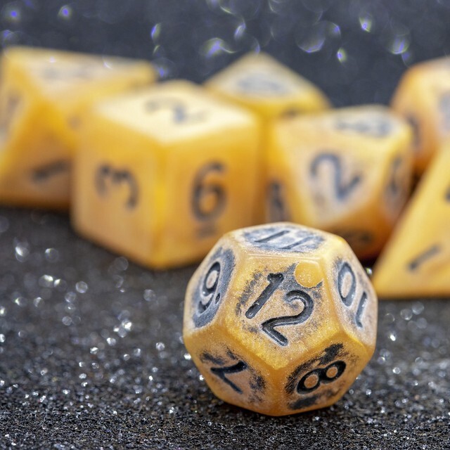 Sage's Ancient Golden Stone Black Ink Acrylic Polyhedral Dice Set