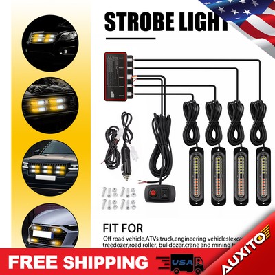 4pcs LED Amber/White Side Marker Flash Emergency Strobe Light Bar Kit Tow Truck