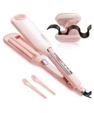Pink Wave Curling Iron Anti-Scald Hair Crimper, 2 Barrel Ionic Wavy Hair Curler