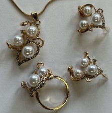 Pearl and Gold Curve Cloud Necklace, Earrings, and Ring Set