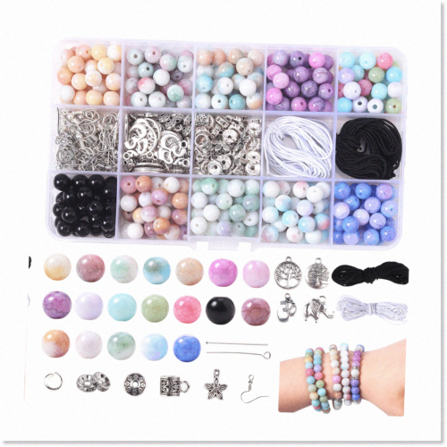 Kit de perles en verre crépitant coloré de 8 mm - 562 pièces perles de pierre pour la fabrication de bracelets, - Photo 1 sur 7